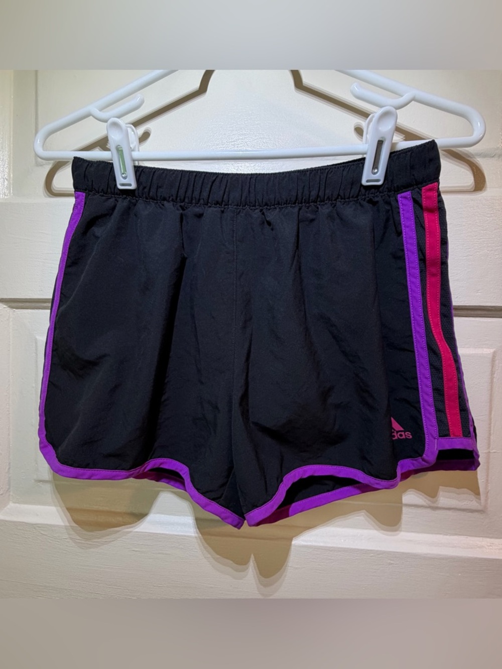 adidas Women’s Climalite Black Athletic Shorts with Purple and Hot Pink Trim